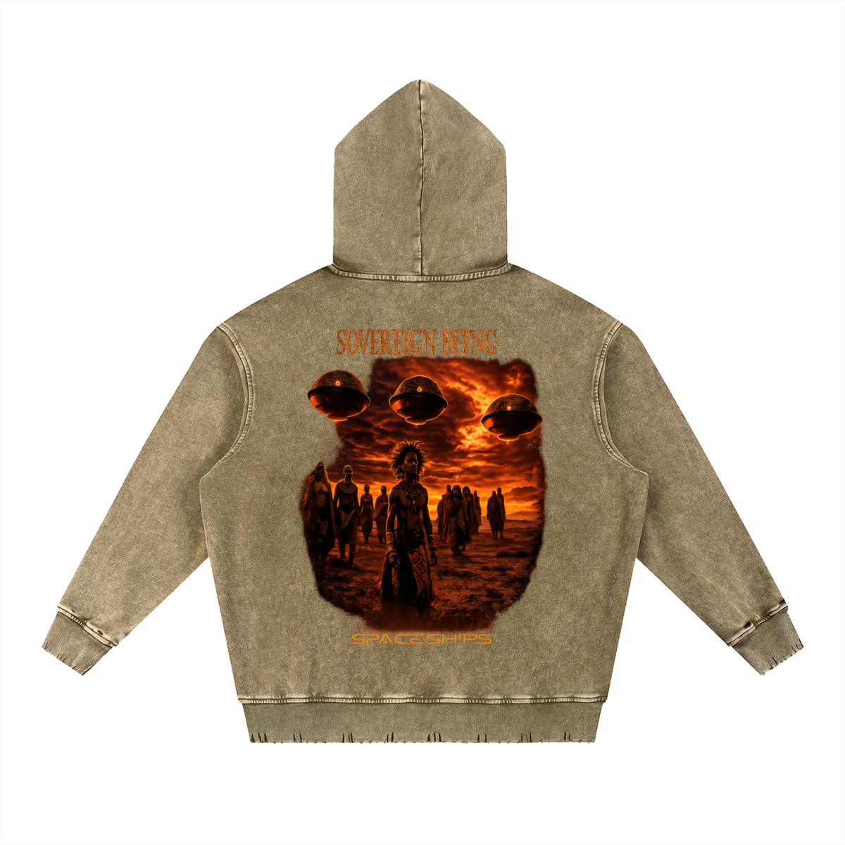 SOVEREIGN BEING ALBUM ART HOODIE ( Spaceships) Snow Wash Hand-Frayed Heavyweight Hoodie