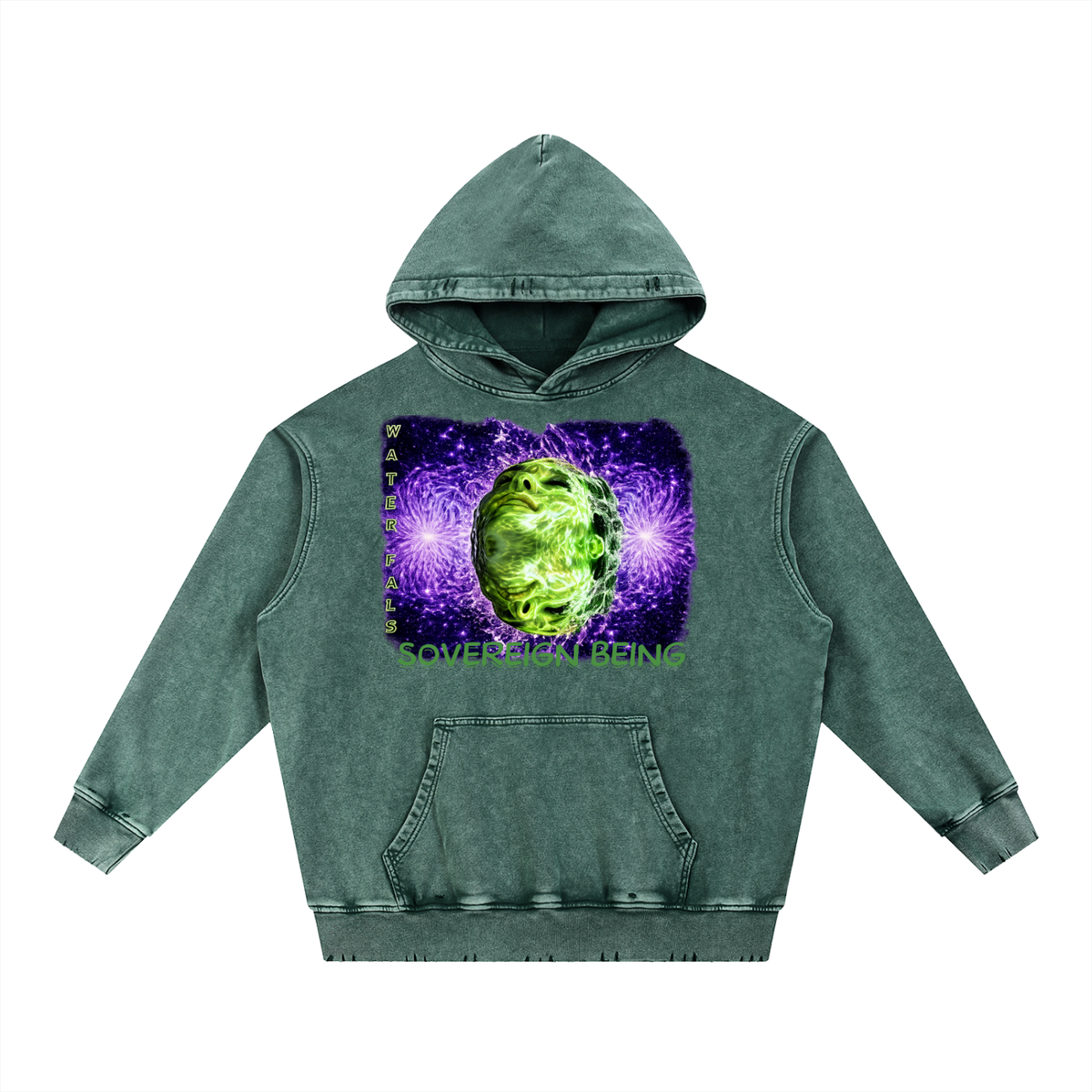 SOVEREIGN BEING ALBUM ART HOODY ( Waterfals) Snow Wash Hand-Frayed Heavyweight  Hoodie