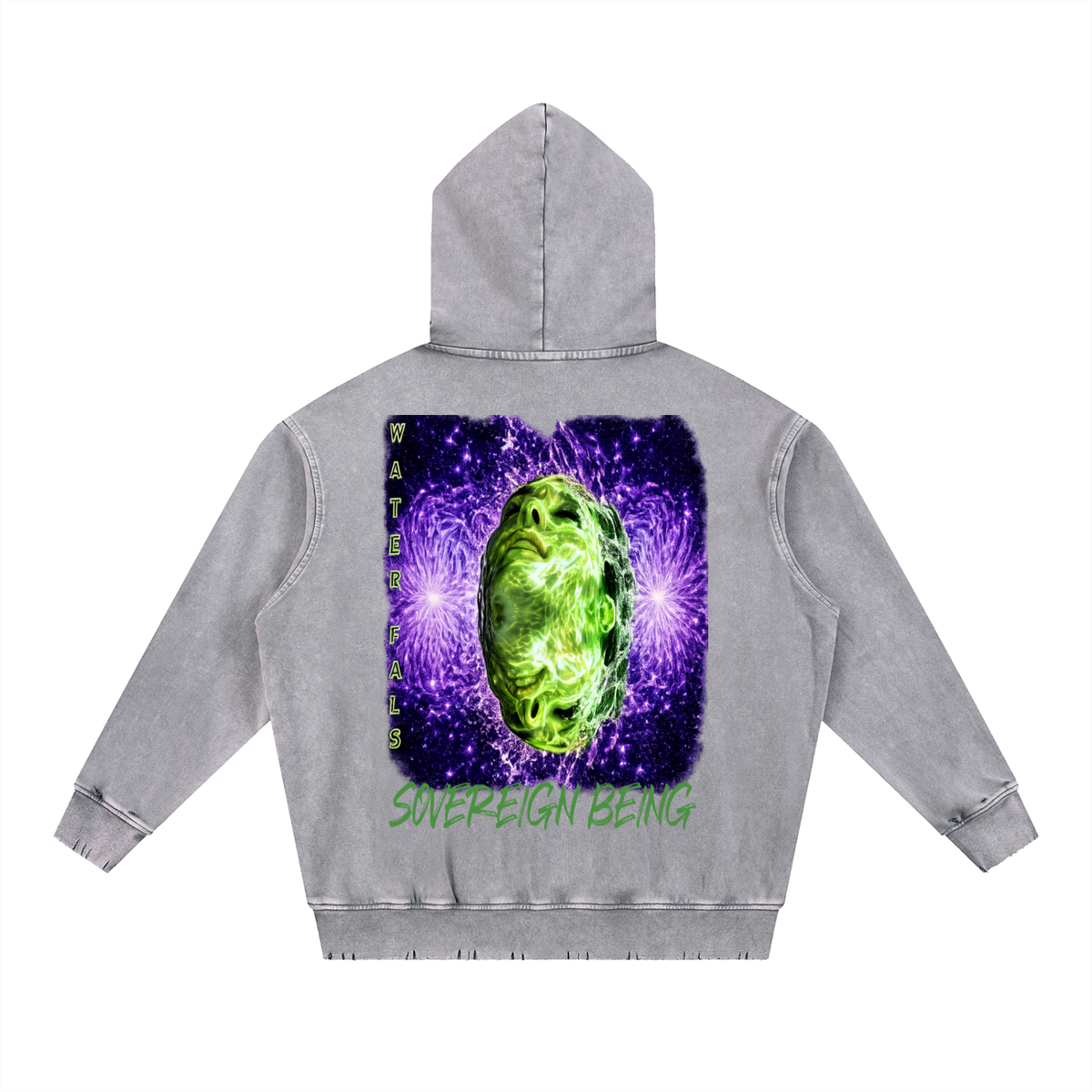 SOVEREIGN BEING ALBUM ART HOODY ( Waterfals) Snow Wash Hand-Frayed Heavyweight  Hoodie