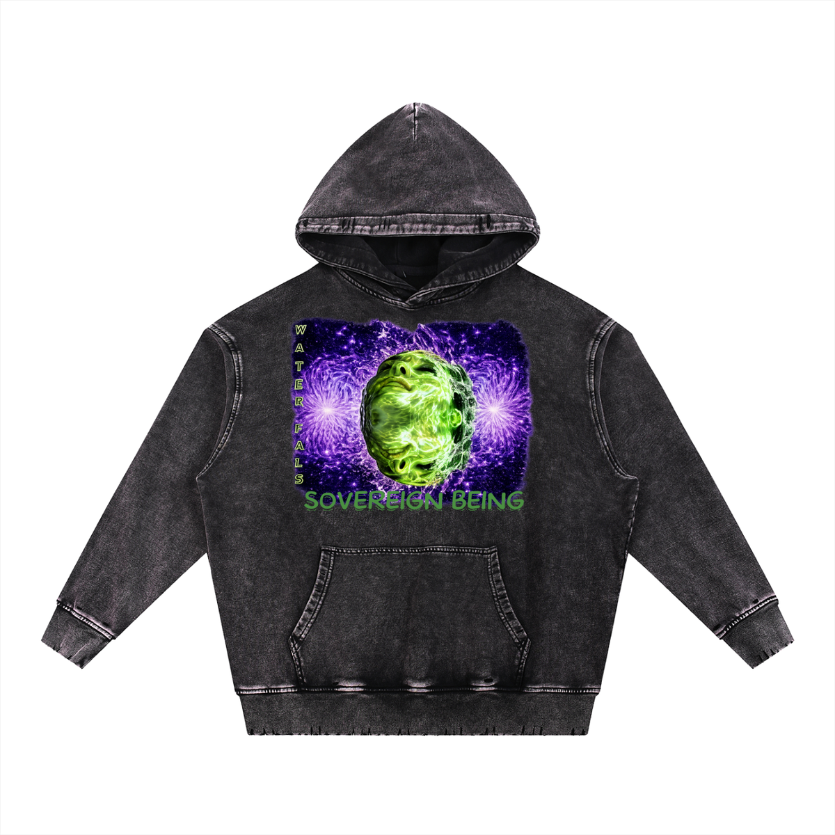 SOVEREIGN BEING ALBUM ART HOODY ( Waterfals) Snow Wash Hand-Frayed Heavyweight  Hoodie