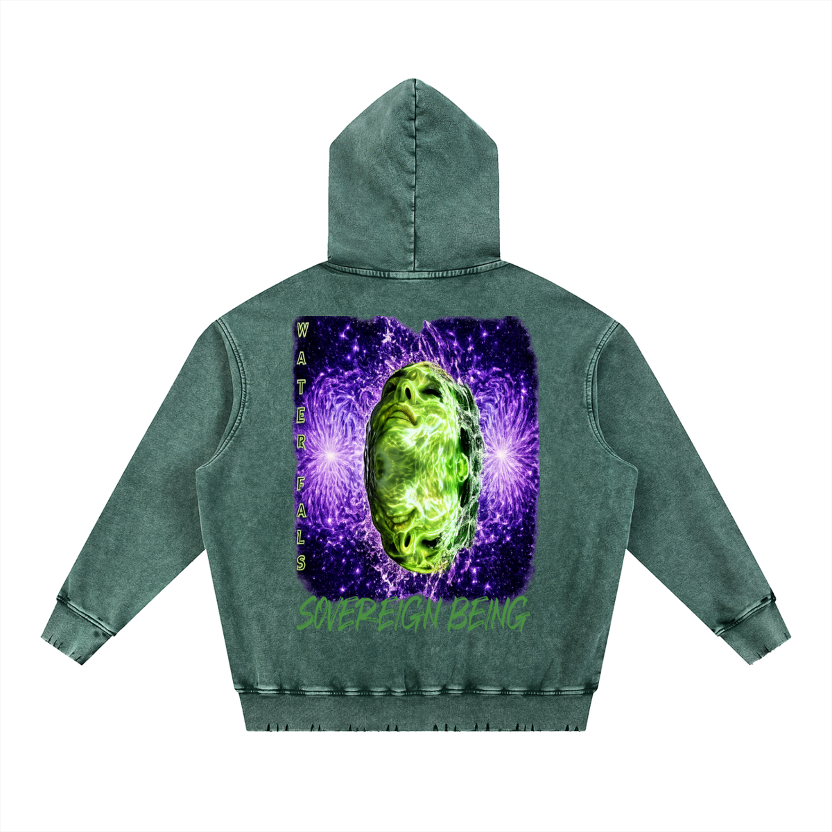 SOVEREIGN BEING ALBUM ART HOODY ( Waterfals) Snow Wash Hand-Frayed Heavyweight  Hoodie