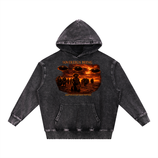 SOVEREIGN BEING  ALBUM ART HOODIE ( Spaceships) Snow Wash Hand-Frayed Heavyweight  Hoodie