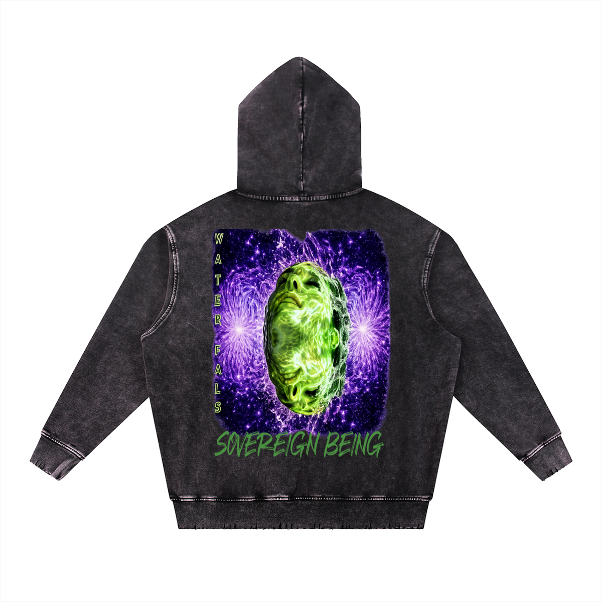 SOVEREIGN BEING ALBUM ART HOODY ( Waterfals) Snow Wash Hand-Frayed Heavyweight  Hoodie