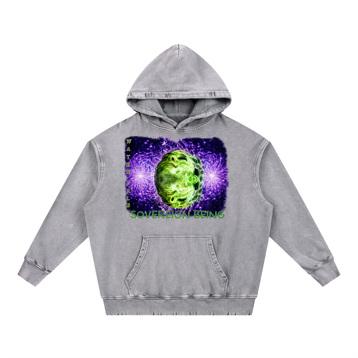 SOVEREIGN BEING ALBUM ART HOODY ( Waterfals) Snow Wash Hand-Frayed Heavyweight  Hoodie