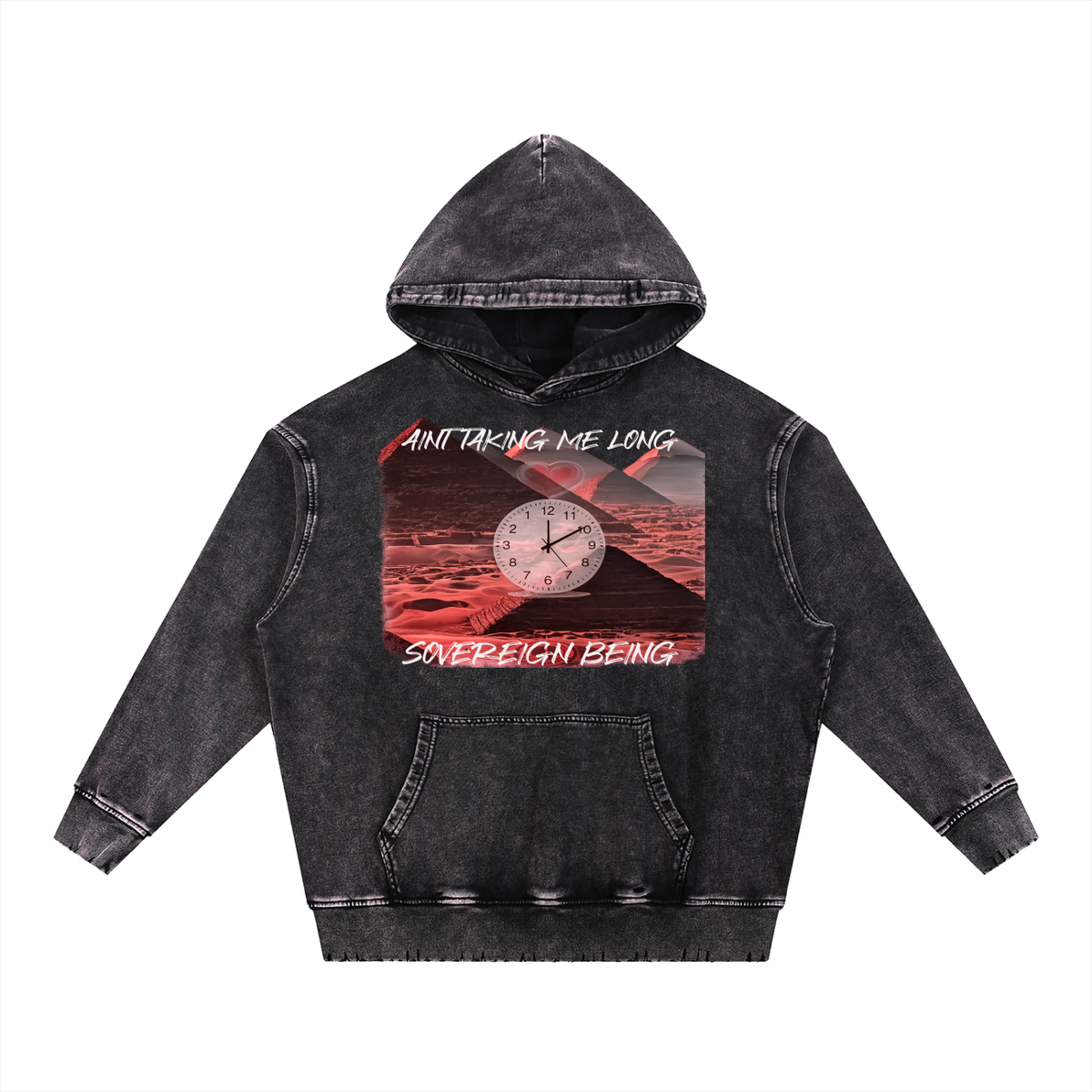 SOVEREIGN BEING ALBUM ART HOODY ( Aint Taken Me Long) Snow Wash Hand-Frayed Heavyweight  Hoodie